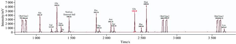 Representative GC-C-IRMS chromatogram showing the individual bone collagen amino acids separated and retention times (Sample: Aus 105, sheep)