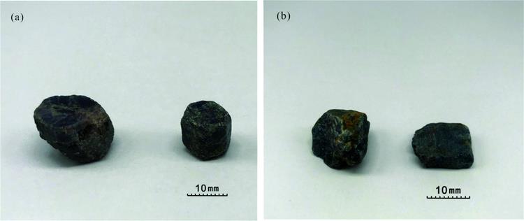 Corundum samples from Fangshan (a) and Le-shuza-kone (b) mines