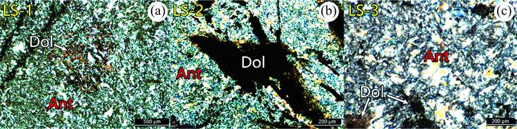 Mineral characteristics of blue serpentine under crossed-polarized lightAnt: Antigorite; Dol: Dolomite