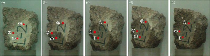 Visible light map of the conglomerate water absorption process(a): 409 s; (b): 558 s; (c): 704 s; (d): 775 s; (e): 1 224 s