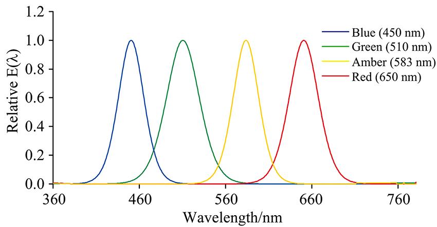 The normalized spectral power distributions (SPDs) of the four narrow-band lights