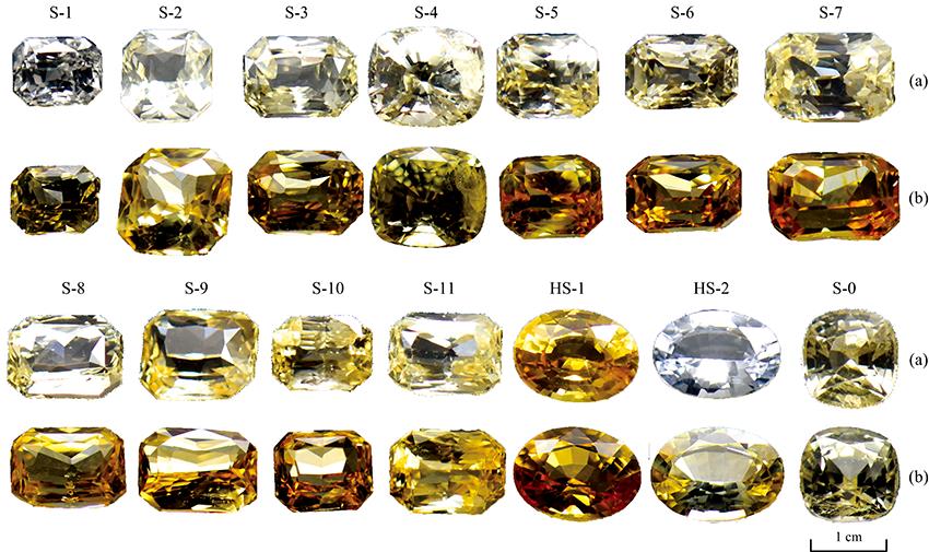 Color of yellow sapphire samples showing in “fading state” (a) and “coloring state” (b)