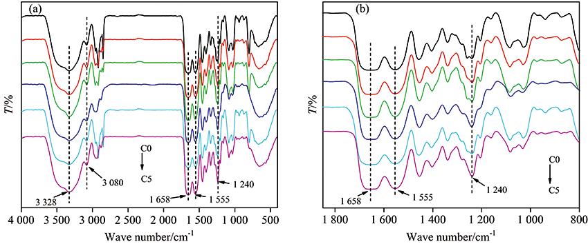 FITR spectra (a) and enlarge spectra (b) of collagen cross-linked with OCMC