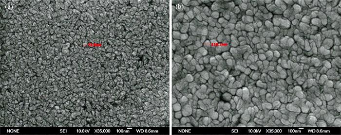 SEM surface morphology of ZnO films with different thickness(a): 15 Layers; (b): 20 Layers
