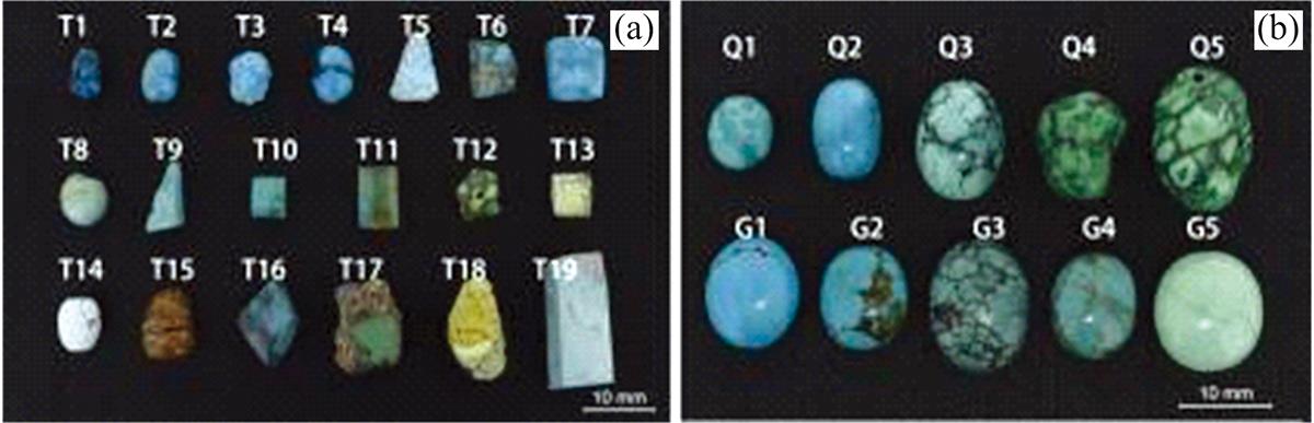 Samples of turquoises(a): Natural turquoise; (b): Treated turquoise