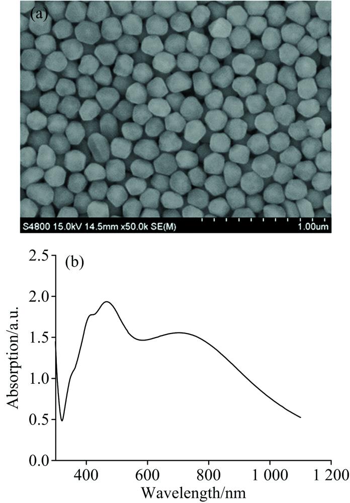 The SEM (a) and UV-Visible absorption spectrum (b) of Ag nanoparticles
