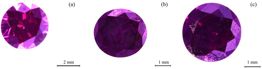 Samples of purplish red diamond(a): Sample DR-1; (b): Sample DR-2; (c): Sample ccDR-3