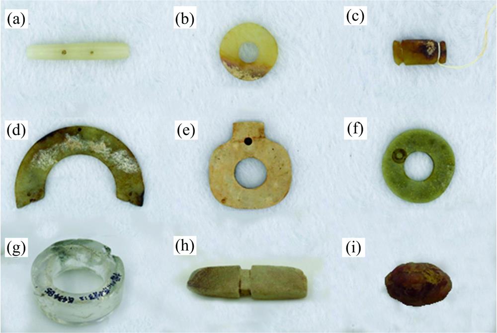 Some archaic jade from the tomb of Marquis Yi of Zeng(a): No soak-induced color tremolite; (b): Light soak-induced color tremolite; (c): Medium soak-induced color tremolite; (d): Severe soak-induced color tremolite; (e): Marble; (f): Mica jade; (g): Crystal; (h): Fluorite; (i): Quartzite