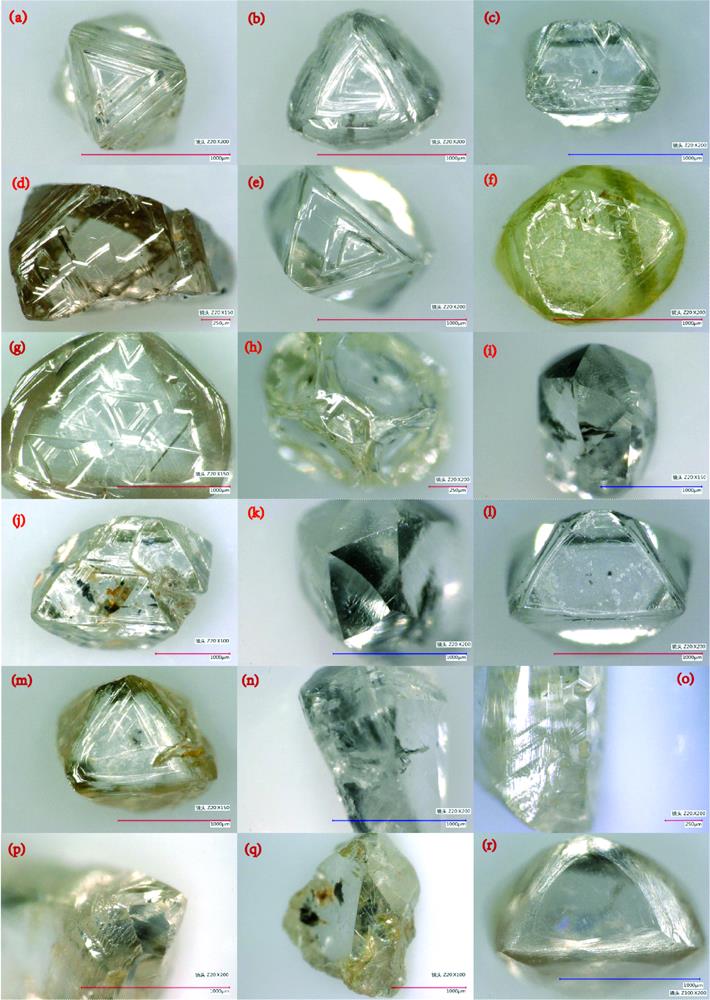 Surface morphology of diamonds from the Western Yangtze craton(a): Triangular growth lamella; (b): Shield sheet; (c): Serrated grwoth pattern; (d): Peak cluster triangular hill;(e): Spiral growth pattern; (f): Inverted triangle pit; (g): Hexagon pit; (h): Quadrilateral pit;(i): Closed halo; (j): Fascicular halo; (k): Drop mound; (l): Small melting pit;(m): Erosion ditch; (n): Erosion channel; (o): Plastic deformation slip line; (p): Imbricate etch figure;(q): Collision trace; (r): Scratch