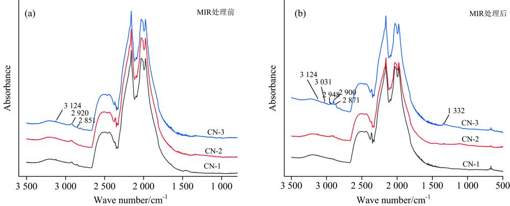 MIR absorption spectra of samples before (a) and after (b) HPHT-processing