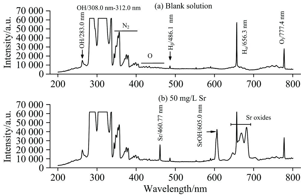 Emission spectra of the SCGD(a): Blank solution; (b): Solution containing 50 mg·L-1 Sr