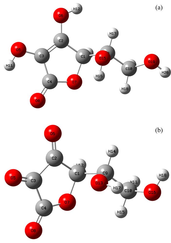 Geometries of Vitamin C(a): Ascorbic acid (AA); (b): Dehydroascorbic acid (DHA)