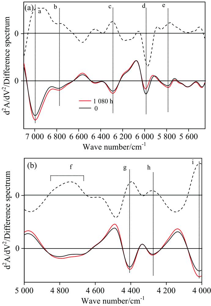 The NIRs difference spectrum (dotted line) and Second-derivative spectra (solid lines) of without and with ultraviolet light irradiation of 1 080 h(a): 7 100~5 450 cm-1; (b): 5 000~4 000 cm-1