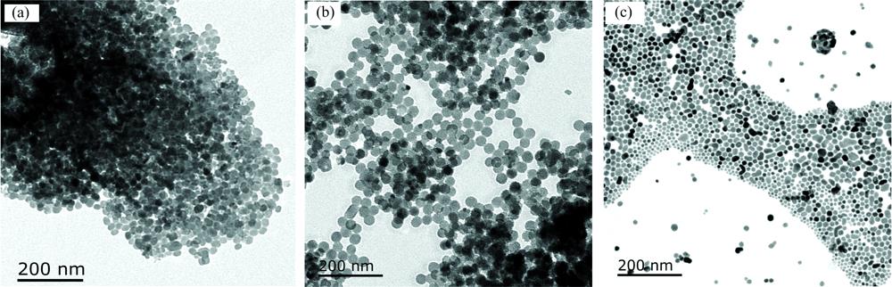 Transmission electron microscope (TEM) patterns of Na3ScF6:Yb/Er samples obtained at different reaction temperatures(a): 260 ℃; (b): 280 ℃; (c): 300 ℃