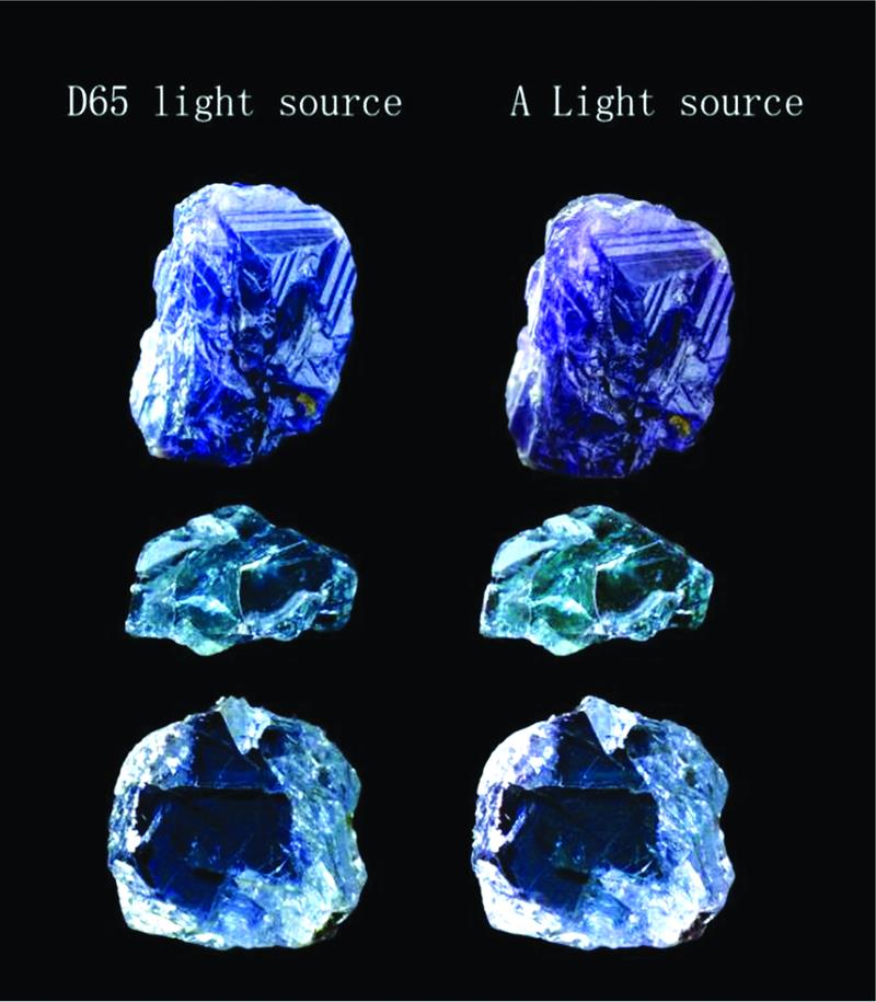 Color appearance of three blue spinels under different light sourcesFrom top to bottom, this is CS-1, BS-1 and BS-2, D65 light source on the left and A light source on the right