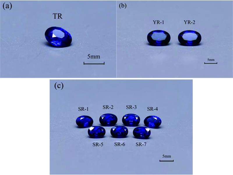 Samples' pictures(a): Natural sapphire; (b): Flame-fusionsynthetic sapphire; (c): Hydrothermal synthetic sapphire