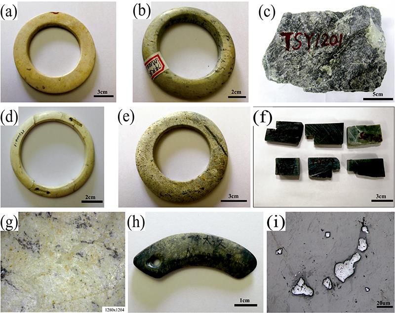Photos of representative samples(a), (b), (d), (e), (h): Unearthed serpentine jades; (c), (f): Taishan jade materials; (g): Unearthed ancient jade, 50×(reflected light); (i): Microphoto of magnetite in Taishan serpentine jade by reflected light
