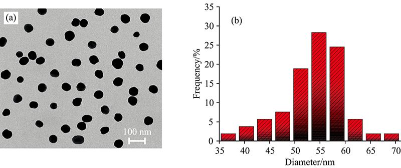 Experimental result(a): TEM image of silver sol; (b): Size distribution of silver nanoparticles