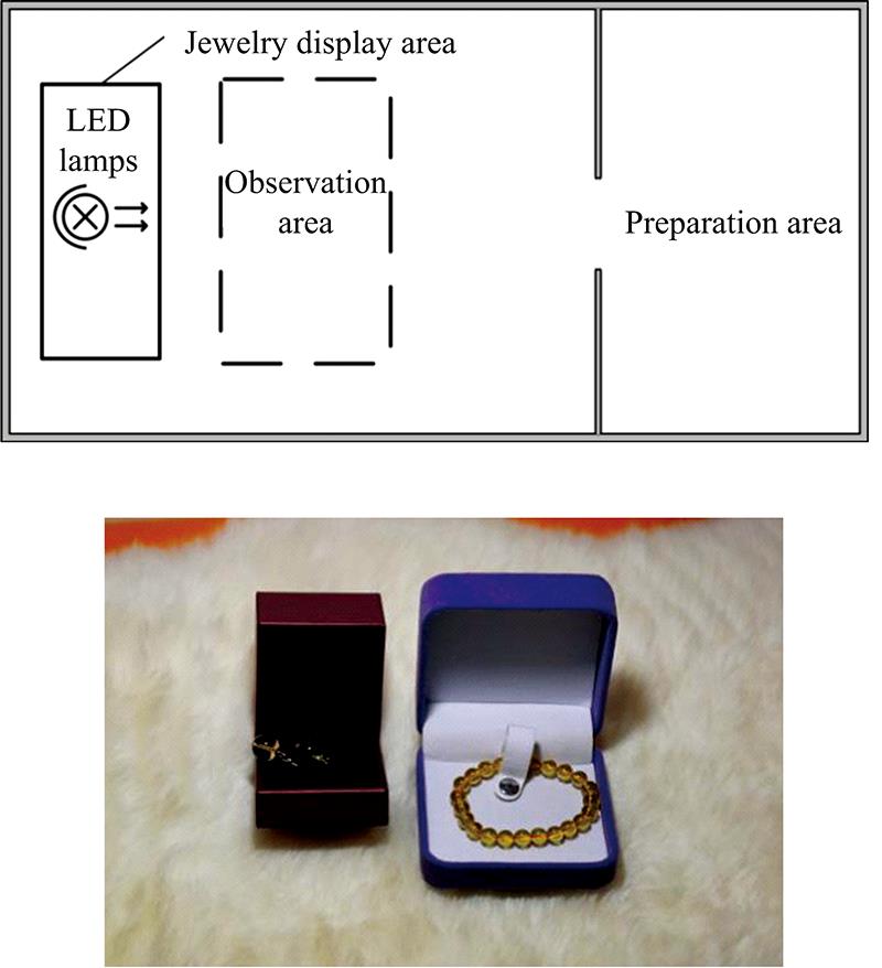 The layout of the experimental space and an example of jewelry display