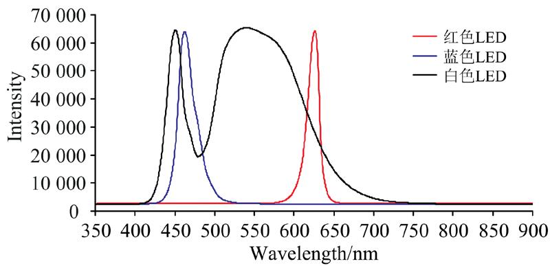 Spectra of white, blue and red LEDs