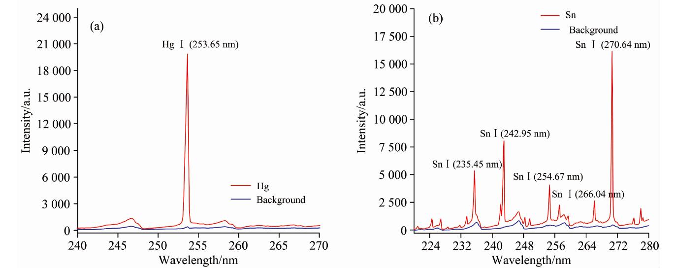 Characteristic emission lines of (a) Hg and (b) Sn