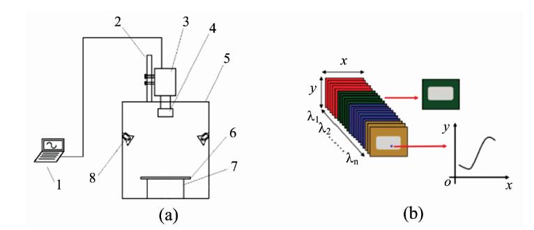 (a) Hyperspectral imaging system; (b) Hyperspectral 3D data1: Computer; 2: Height adjustment lever; 3: Spectrometer; 4: Lens; 5: Dark box; 6: Stage; 7: Electronically controlled mobile platform; 8: Light source