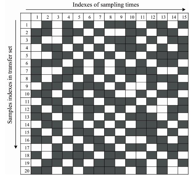 Illustrative example of the subset sampling in a transfer setThe black squares are the selected ones while the white ones not