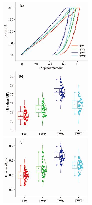 Typical nanoindentation load-displacement curves of archaeological and consolidated teak (Tectona sp.) fiber cell walls (a) and boxplots of indentation modulus (b) and hardness (c) of S2 layer in wood fibers of archaeological wood and consolidated wood