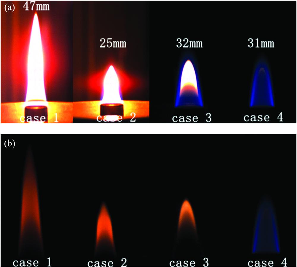 Color flame images of four cases(a): Shutter speeds are fixed at 1/60 s; (b): Shutter speeds are 1/39 000, 1/30 000, 1/1 000, and 1/100 s, respectively (from case 1 to case 4)