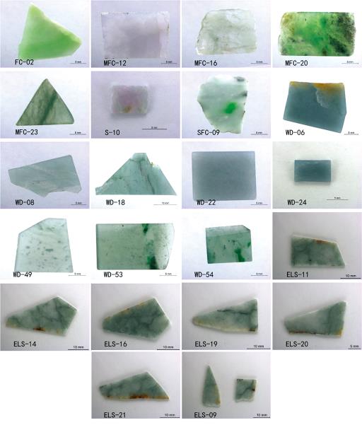 Jadeite samples from Myanmar, Guatemalan and RussiaMyanmar jadeite samples: FC-02, MFC-12, MFC-16, MFC-20, MFC-23, S-10, SFC-09;Guatemalan jadeite samples: WD-06, WD-08, WD-18, WD-22, WD-24, WD-49, WD-54, WD-53; Russian jadeite samples: ELS-11, ELS-14, ELS-16, ELS-19, ELS-21, ELS-09