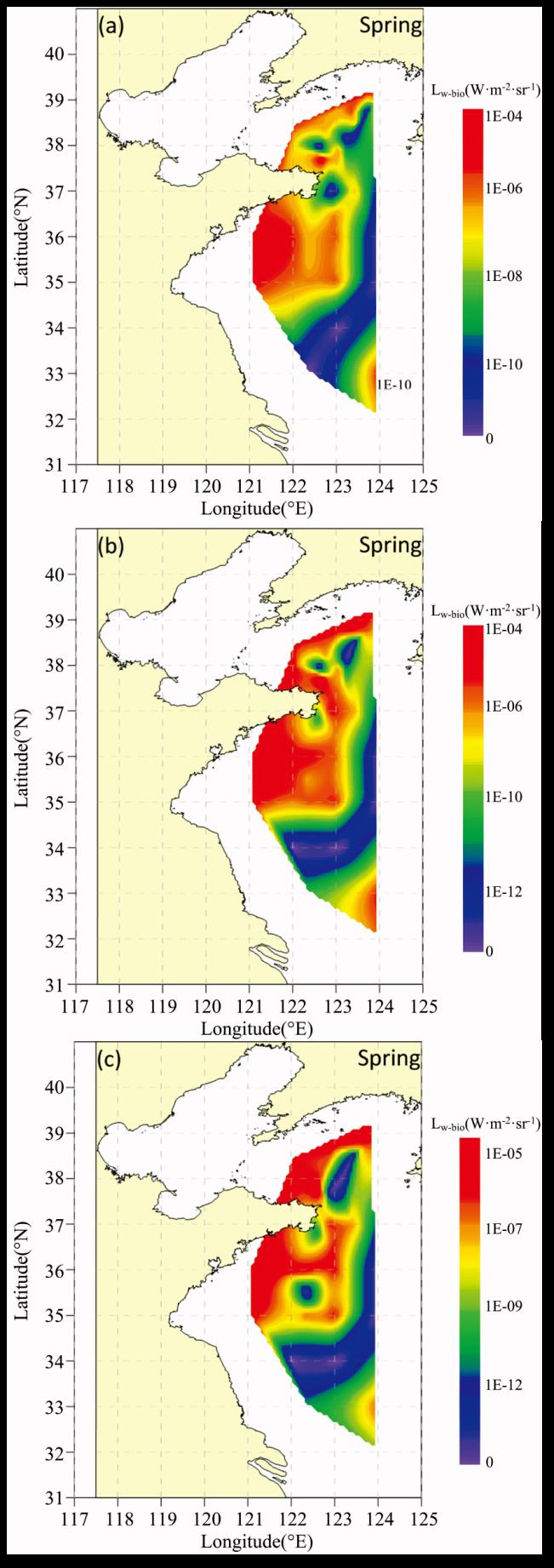 The spatial distribution of Lw-bio at bioluminescence source depths of 4 m (a), 8 m (b) and 15 m (c) in the Yellow Sea during spring