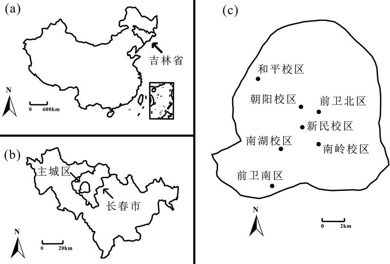 Study area and sample distribution(a): China; (b): Jilin Province; (c): Urban area of Changchun City