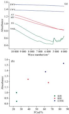 (a) The near-infrared spectroscopy of lignite (YNH, FH), bituminous coal (AY, MY) and anthracite (EWY, CWY); (b) The relationship between the absorbance at 10 001 cm-1 and the fixed carbon content