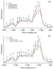 FTIR spectra of artificially degraded waterlogged wood samples(a): NaOH method; (b): Hydrothermal method