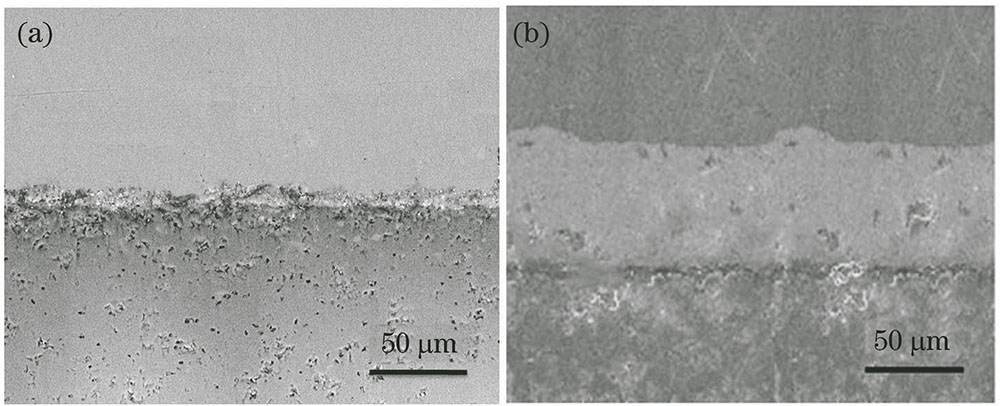 Interface microstructure of Al/Al2O3 composite substrate. (a) Direct bonded aluminum; (b) soldering technology