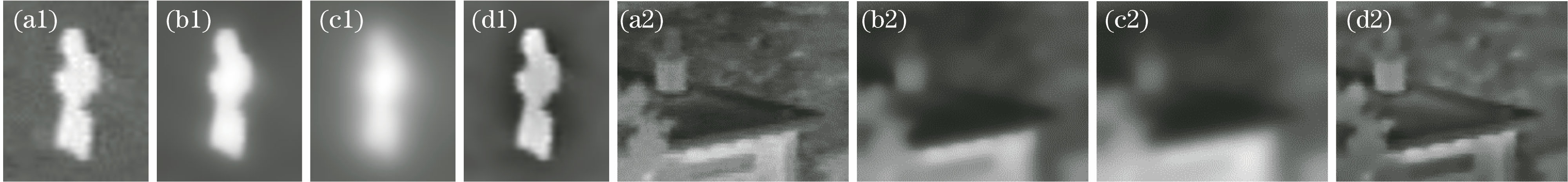 Partial enlarged views of Fig.1. (a1)(a2) Infrared source image; (b1)(b2) low-frequency subband after filtering; (c1)(c2) low-frequency approximate component; (d1)(d2) strong edge component