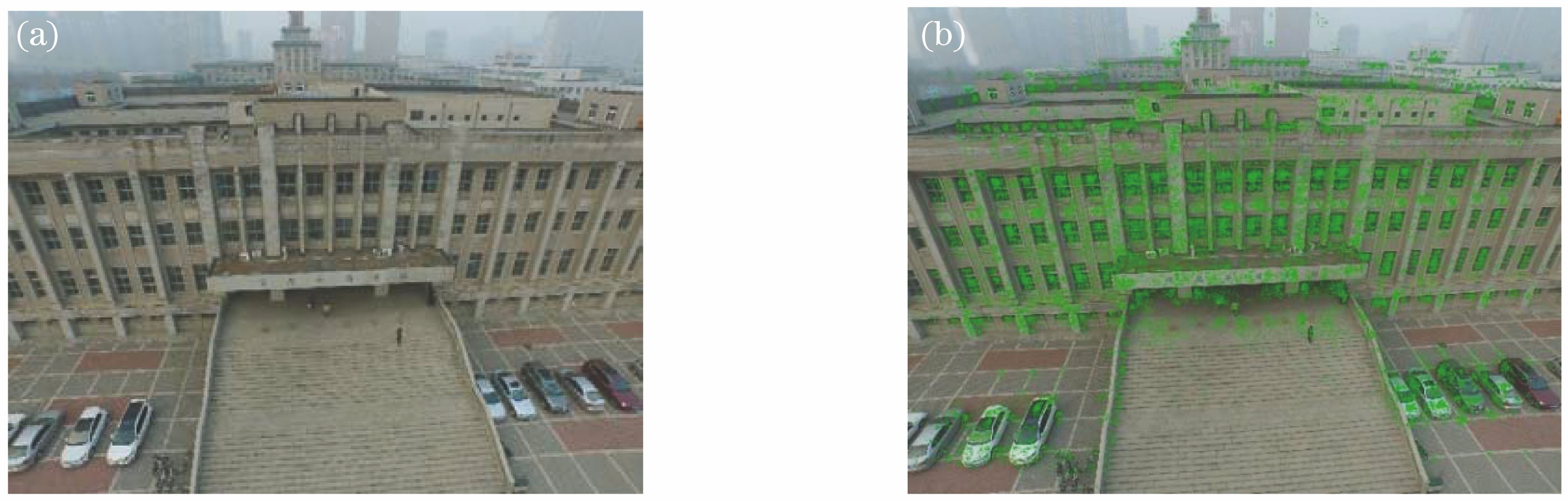 ASIFT feature extraction of aerial image. (a) Original image; (b) ASIFT features
