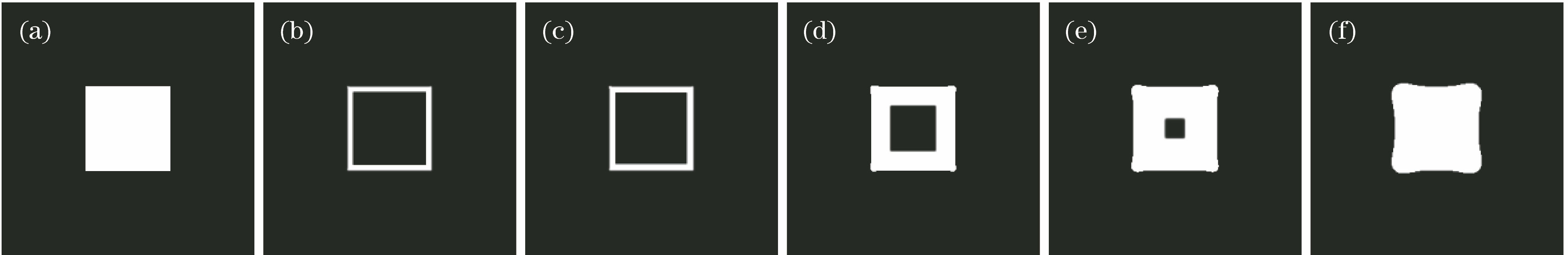 Rectangle spot after Mexican-hat wavelet transform with different scale coefficients a. (a) Rectangle spot; (b) a=0.009; (c) a=0.01; (d) a=0.03; (e) a=0.05; (f) a=0.1