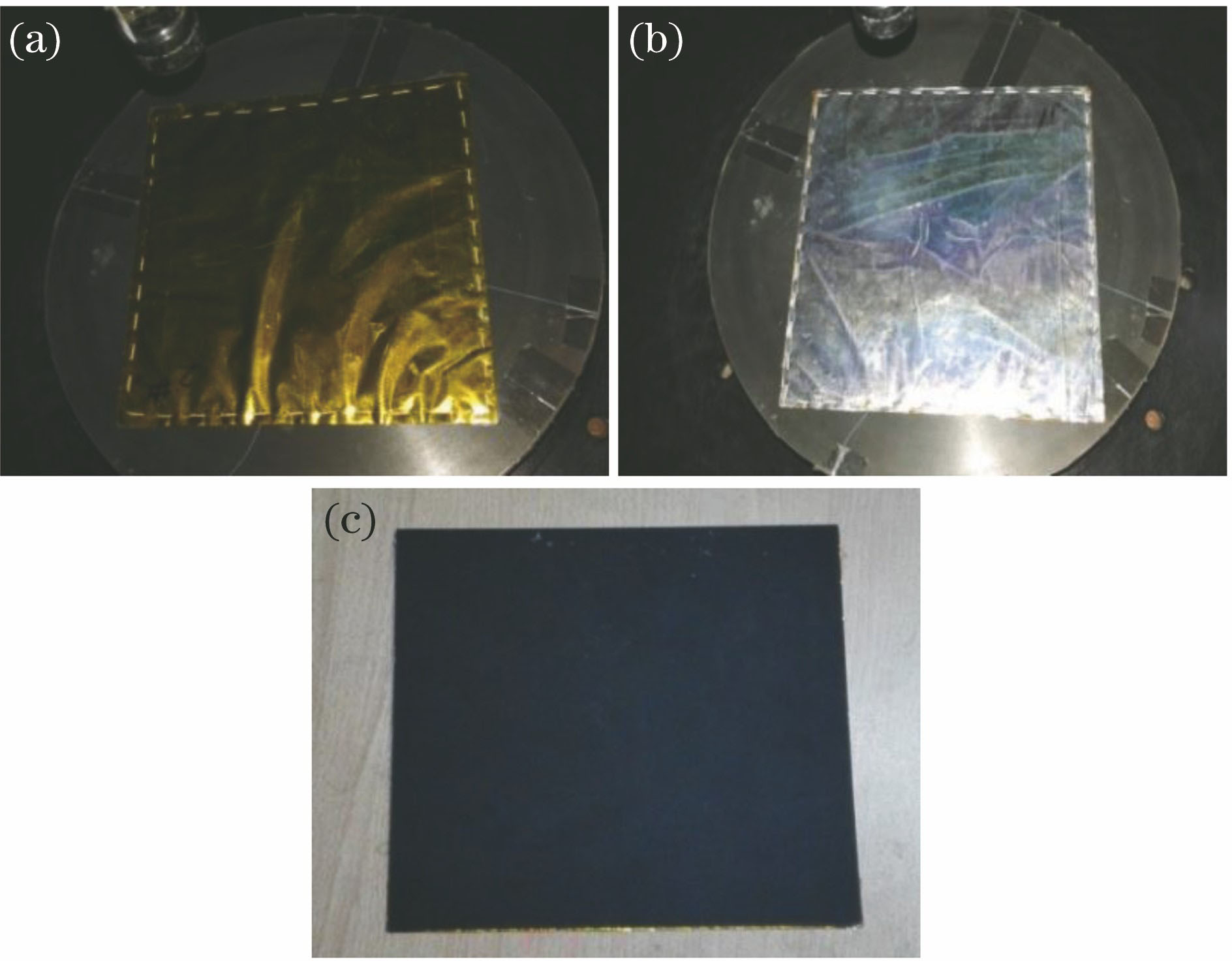 Main body surface materials of typical satellite. (a) Gold polyimide film; (b) silver polyimide film; (c) black back plate