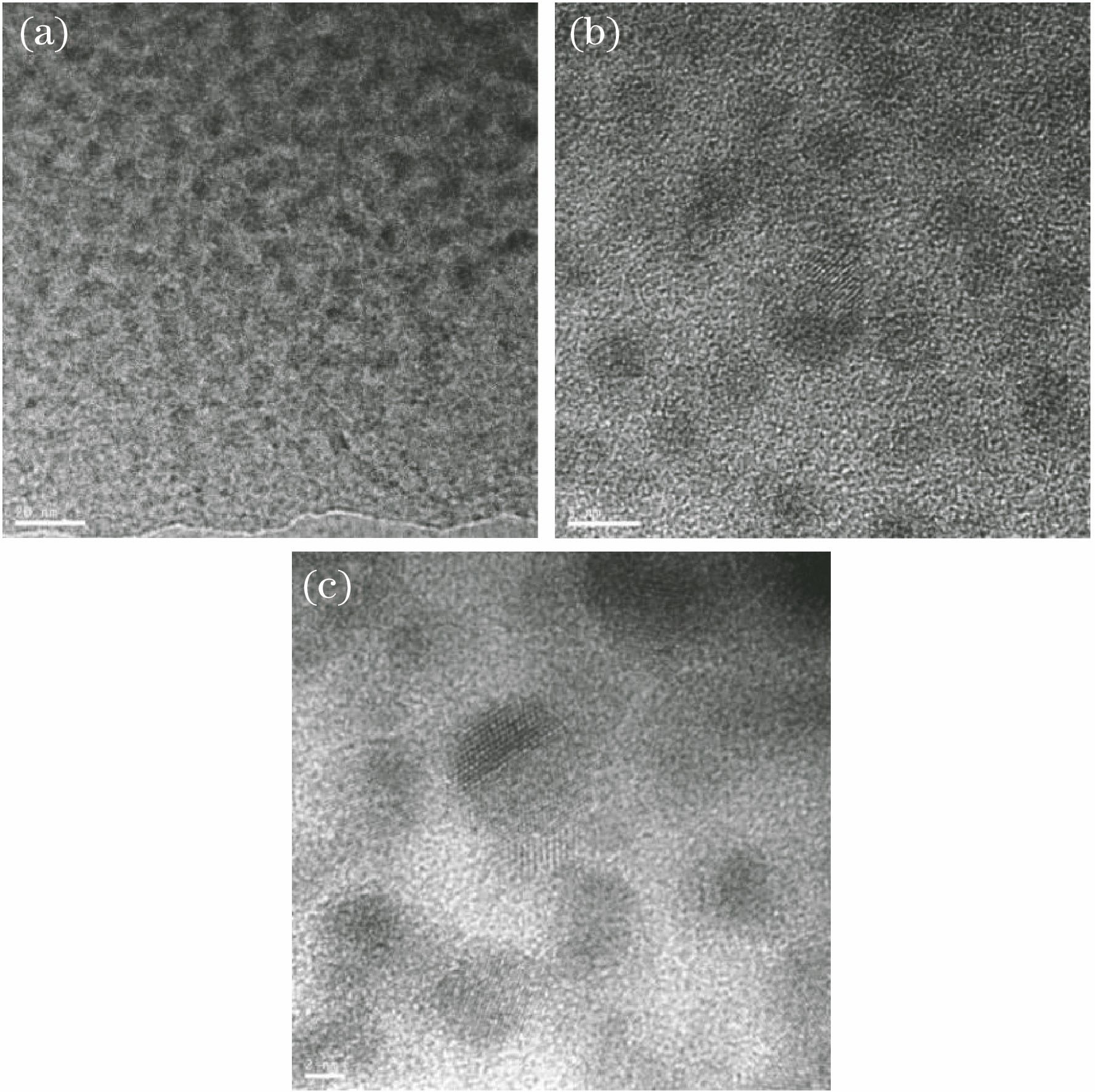 TEM images of PbSe quantum dot doped glass fiber under different scales. (a) 20 nm; (b) 5 nm; (c) 2 nm