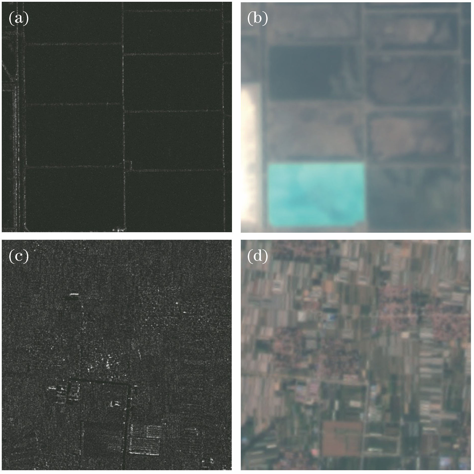 Original images. (a) 3 m SAR image; (b) 16 m multi-spectral images; (c) 5 m SAR image; (d) 16 m multi-spectral image