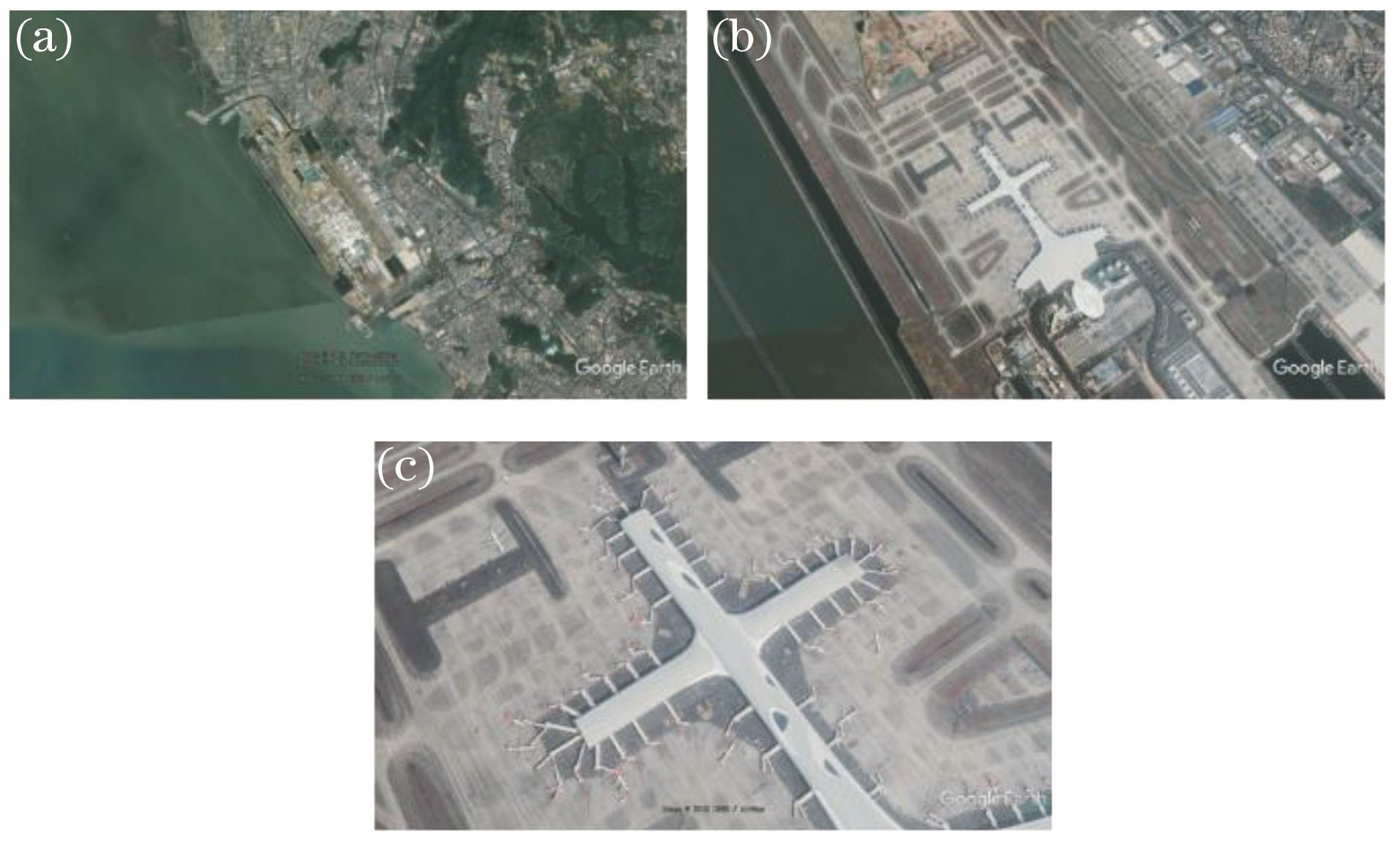 Air-to-ground variable resolution scene. (a) High-altitude vision; (b) middle-altitude vision; (c) low-altitude vision