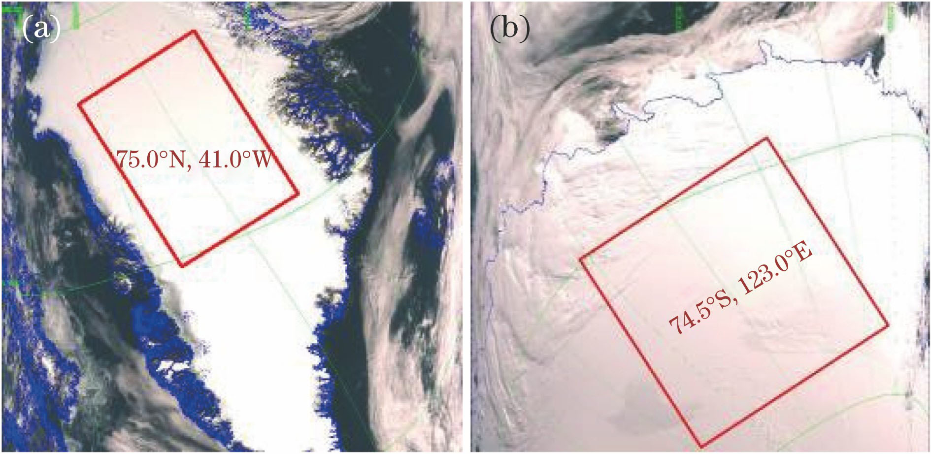 FY-3A/MERSI RGB images acquired over snow targets in south and north poles. (a) Greenland; (b) Dome C