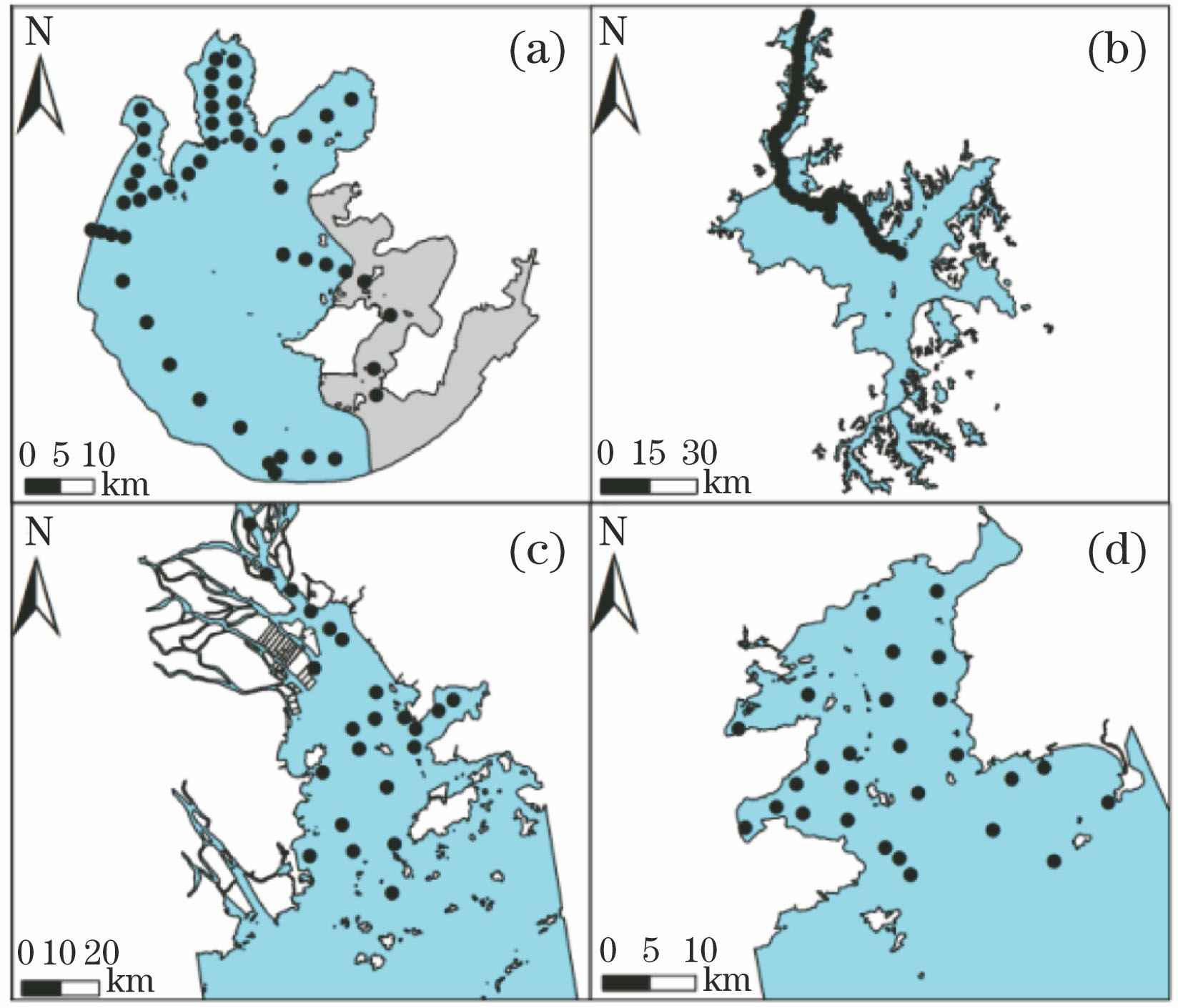 Investigated waters and sample point distributions. (a) Taihu Lake; (b) Poyang Lake; (c) Pearl River Estuary; (d) Daya Bay