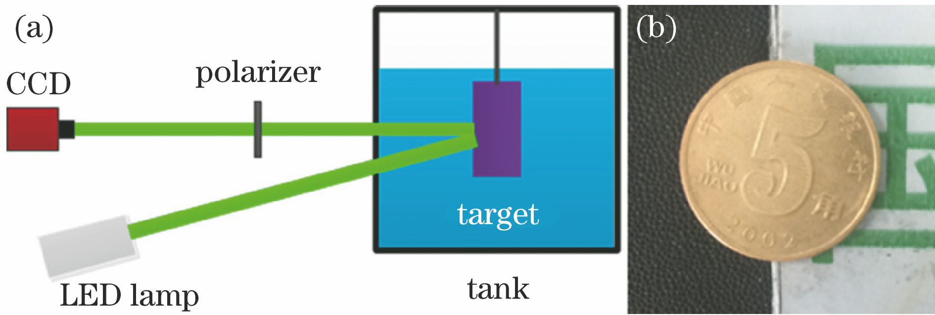 Experimental setup. (a) Schematic of experimental setup for underwater imaging; (b) the target of experiment