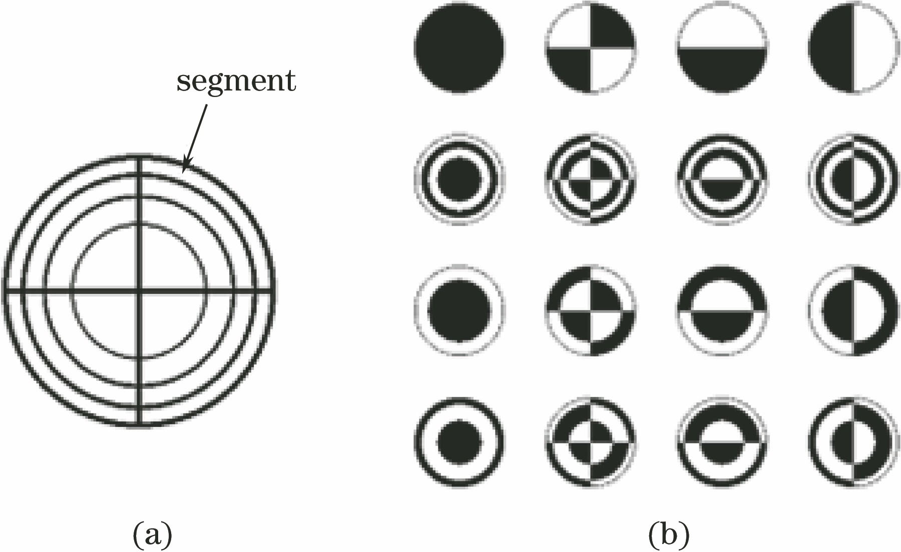 Walsh functions. (a) Segments formed by divided unit circle; (b) Walsh functions in polar coordinates (Black areas are assigned value of 1, white areas are assigned value of -1)