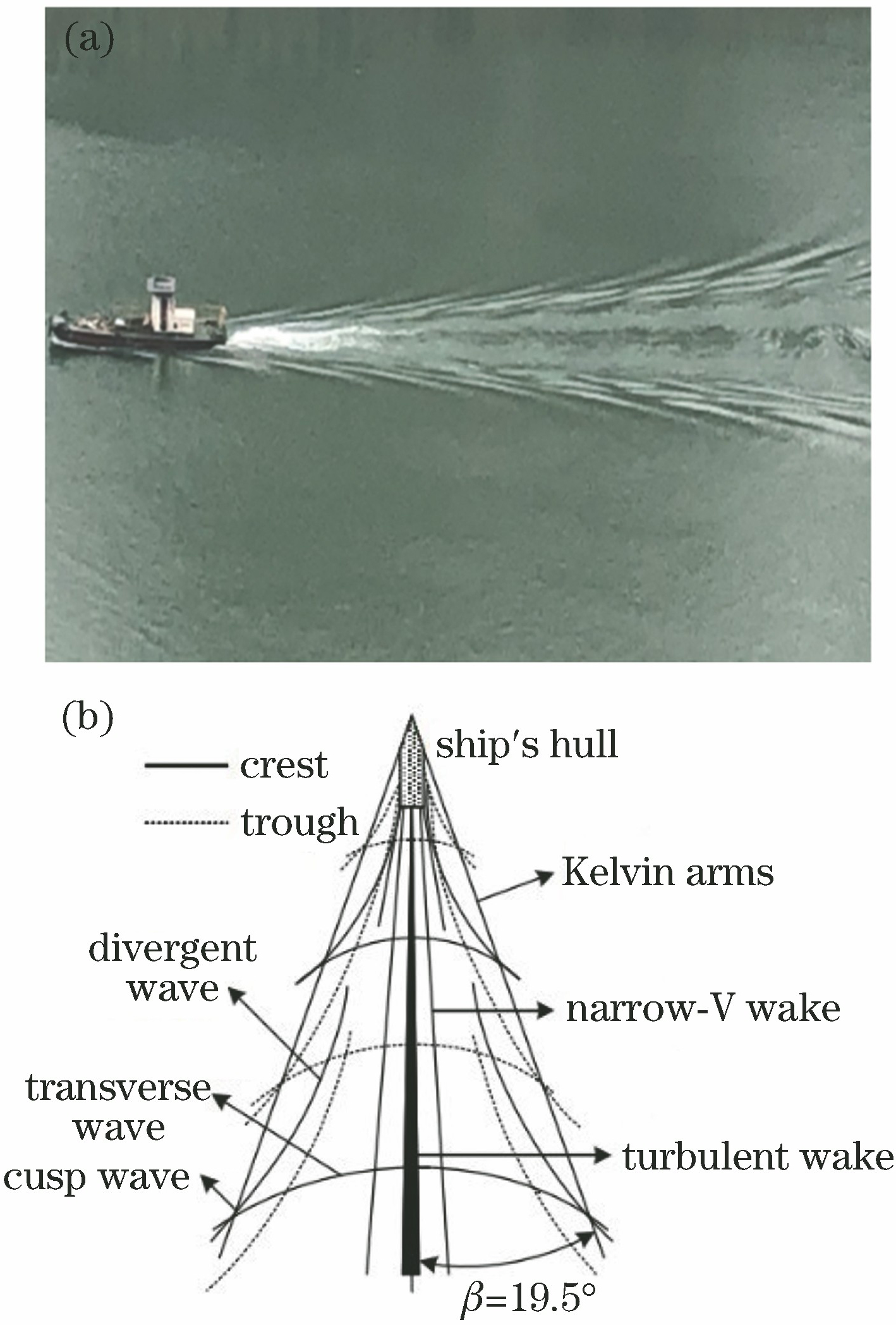 Ship's wake and components of the wake. (a) Actual ship's wake; (b) geometric relationship of wake components