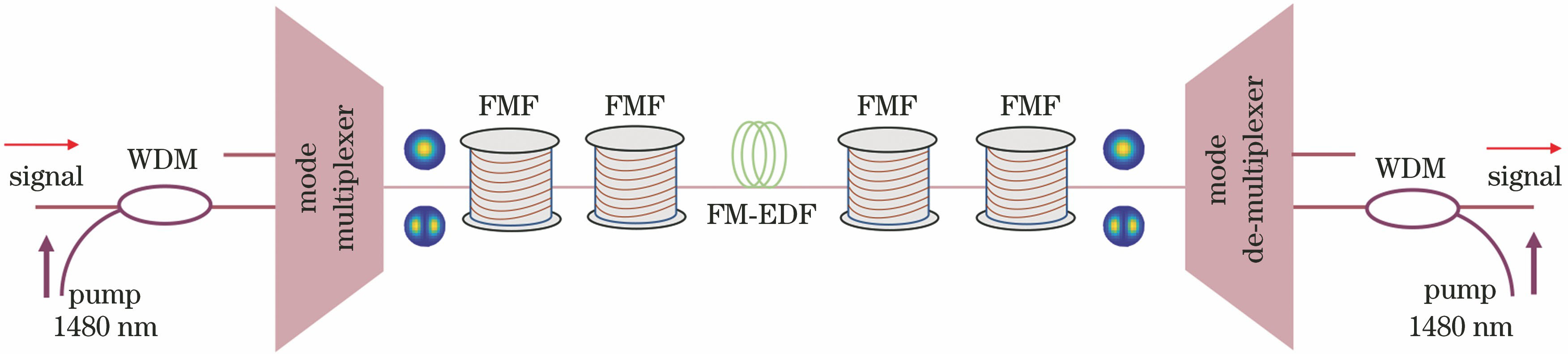 Schematic of forward remotely pumped few-mode fiber amplifier with two-signal mode transmission
