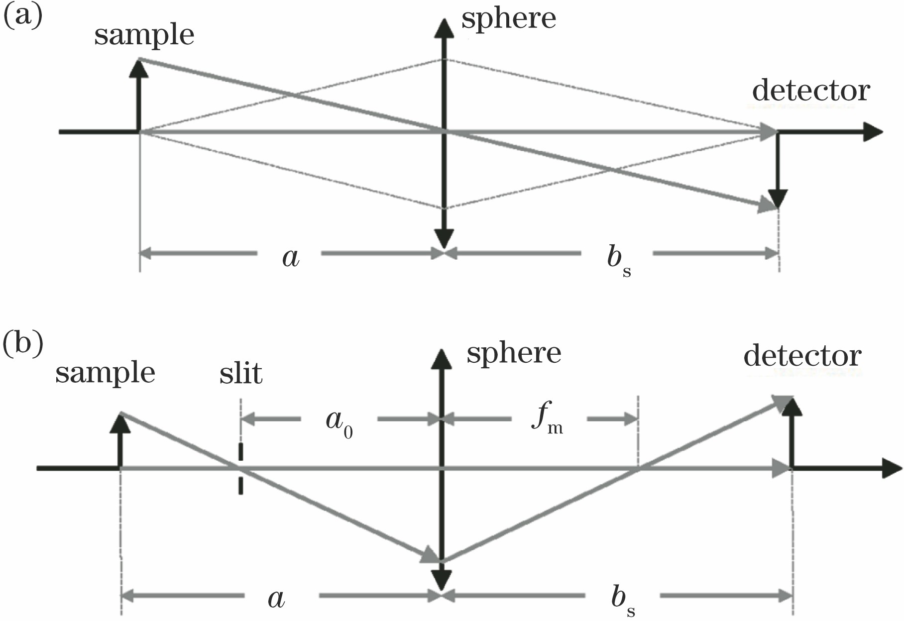 Diagrams of geometric magnification ratio. (a) Sagittal plane; (b) meridional plane