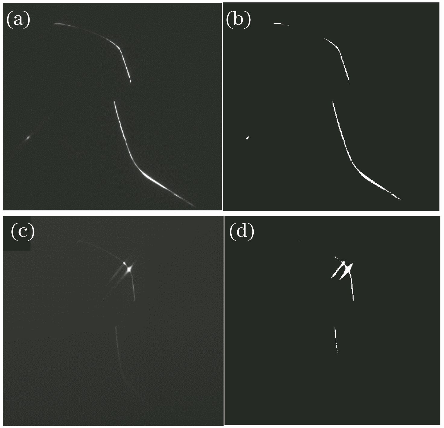 Effect of mirror reflection on stripe extraction. (a) Mirror reflection at headband; (b) binarization result of Fig. 2(a); (c) mirror reflection on polished rail; (d) binarization result of Fig. 2(c)